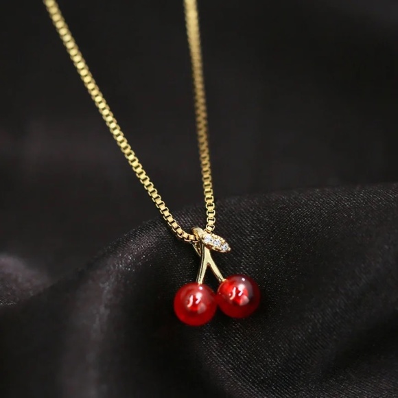 NEW Minimalist Gold Plated Wine Red Cherries Pendant Necklace/Earrings Set - Picture 9 of 13